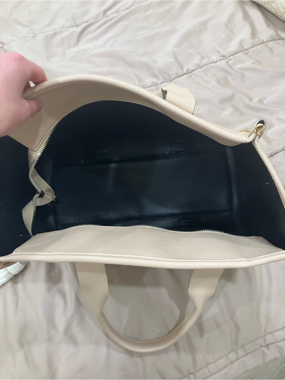 Neutral Beige Pebbled Tote Bag with White Lettering - Picture 3 of 4